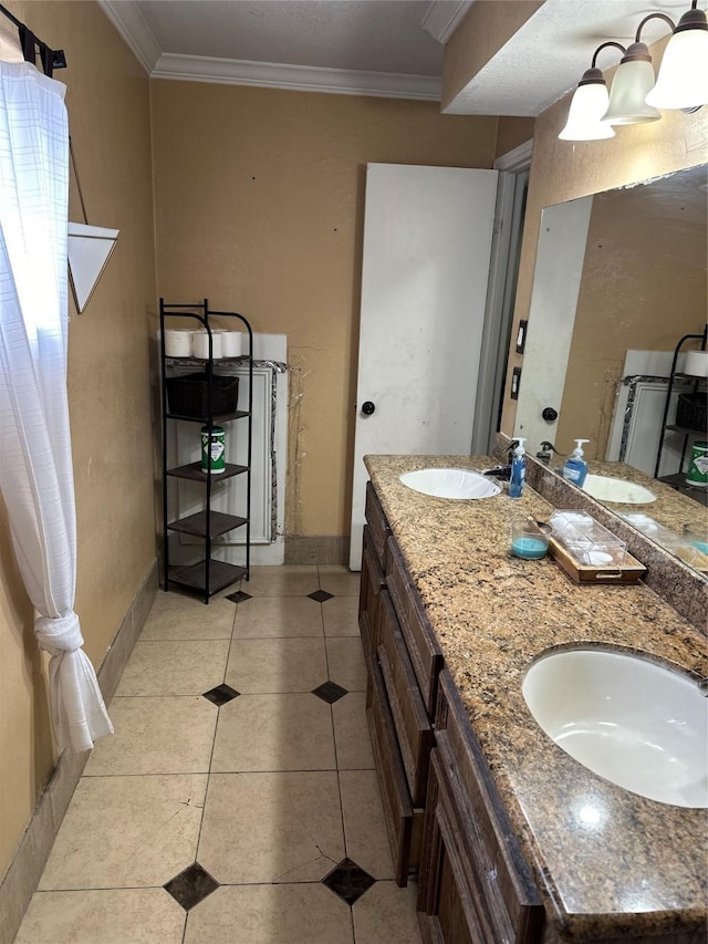 12419 Longbrook Dr, Houston, TX 77099 - full bathroom with double vanity, a sink, and ornamental molding