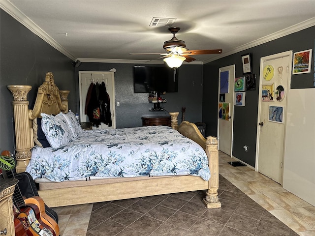 12419 Longbrook Dr, Houston, TX 77099 - tiled bedroom with visible vents, a ceiling fan, and crown molding