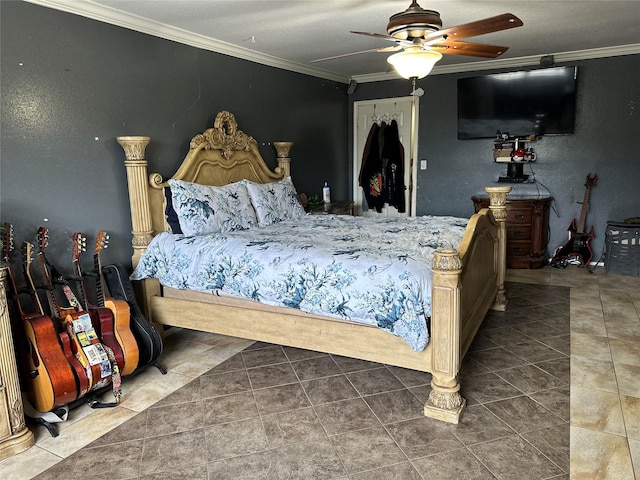 12419 Longbrook Dr, Houston, TX 77099 - tiled bedroom featuring crown molding and a ceiling fan