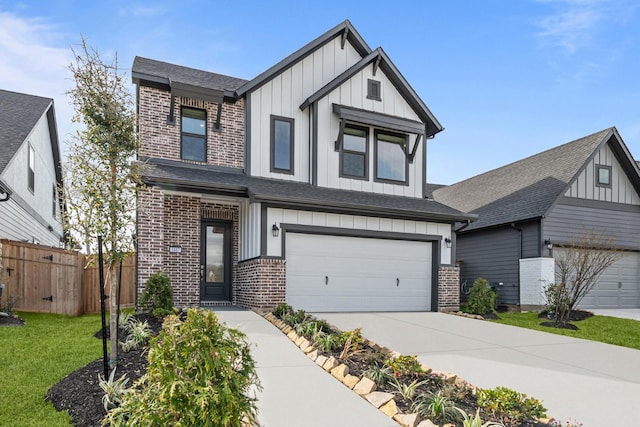 view of front of property featuring brick siding, board and batten siding, fence, concrete driveway, and a garage