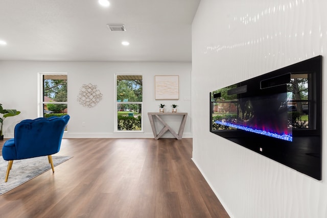 living area with dark wood-type flooring and a wealth of natural light