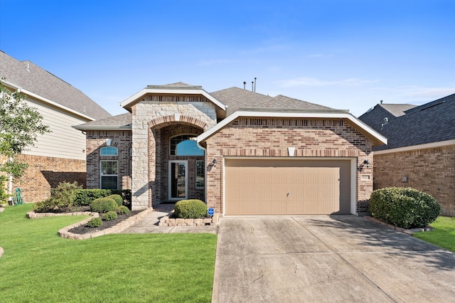 view of front of house with a front lawn and a garage