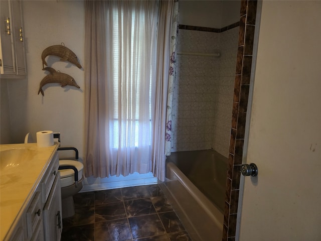 full bathroom featuring shower / bath combination with curtain, vanity, and toilet