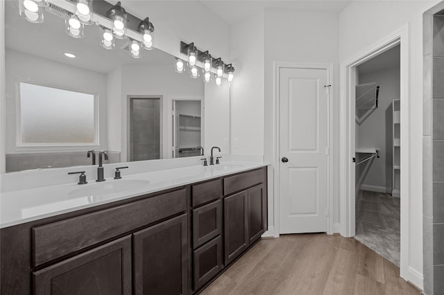 bathroom with wood-type flooring and vanity