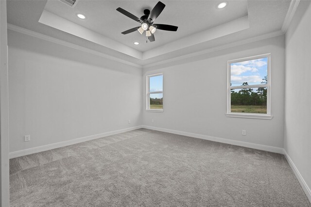 carpeted empty room with a raised ceiling, ceiling fan, and crown molding