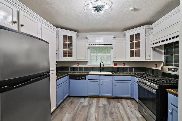 kitchen featuring light hardwood / wood-style flooring, blue cabinets, stainless steel appliances, and sink