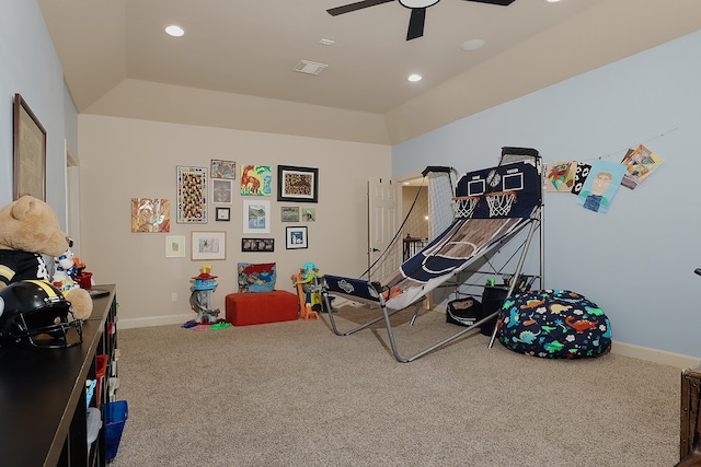 game room featuring ceiling fan and carpet