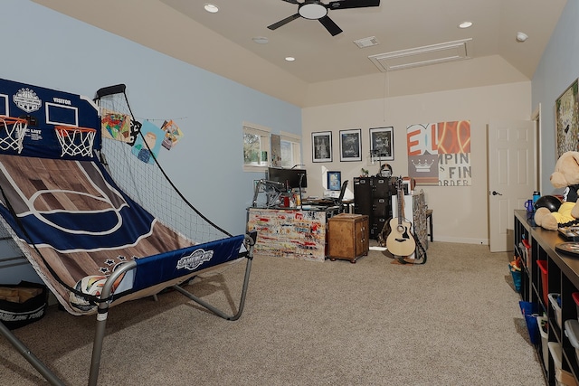 game room featuring ceiling fan and light colored carpet