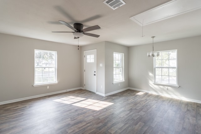 entrance foyer featuring ceiling fan, dark hardwood / wood-style flooring, and a healthy amount of sunlight