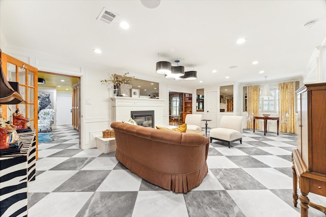 living room with crown molding