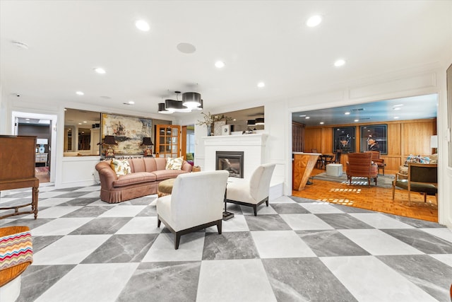 living room featuring crown molding