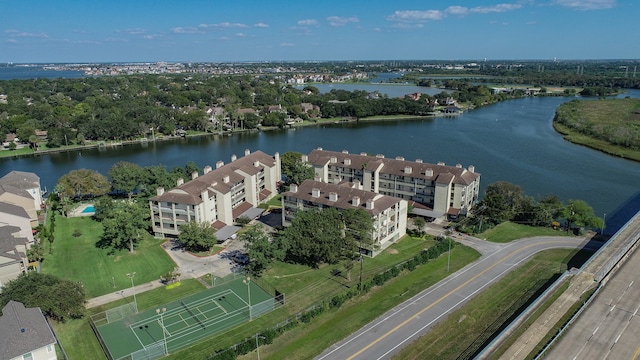 drone / aerial view with a water view