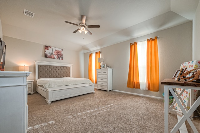 bedroom featuring ceiling fan, carpet floors, and lofted ceiling