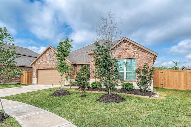 view of front of home with a garage and a front lawn