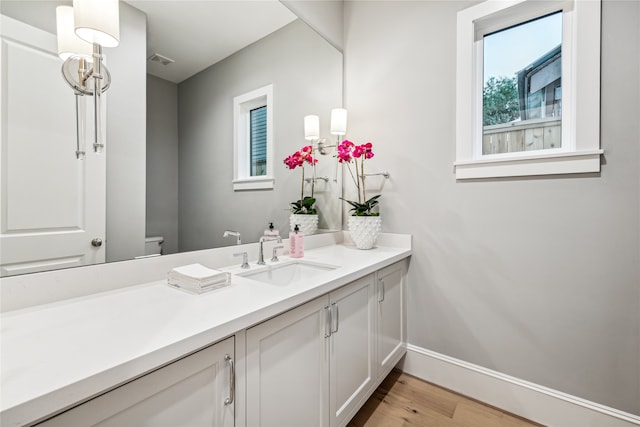 bathroom with wood-type flooring, vanity, and toilet