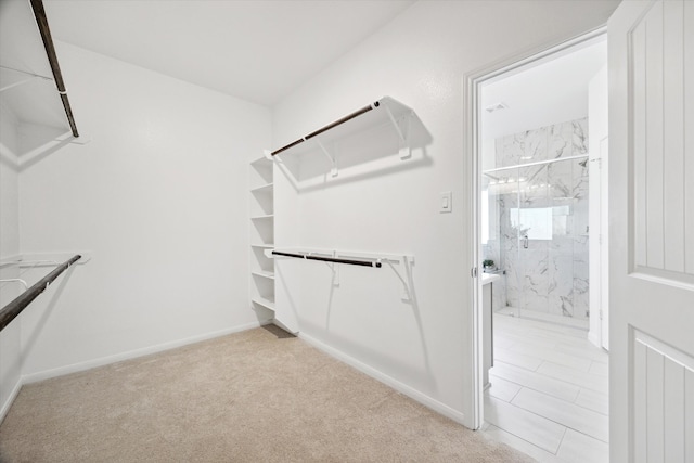 spacious closet featuring light carpet