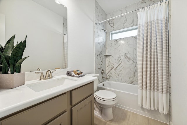 full bathroom with vanity, toilet, shower / bathtub combination with curtain, and hardwood / wood-style flooring