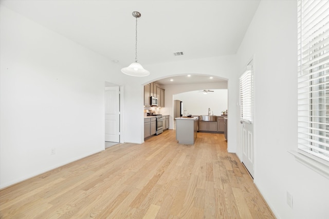 kitchen with light hardwood / wood-style floors, plenty of natural light, sink, and stainless steel appliances