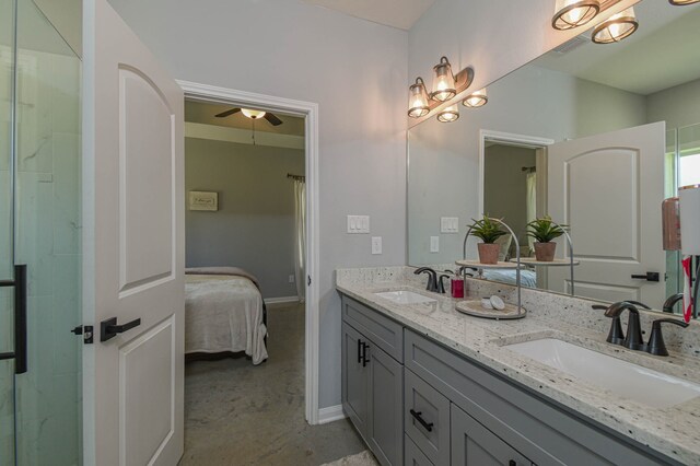 bathroom featuring ceiling fan, vanity, and a shower with shower curtain