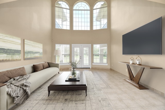 tiled living room with french doors