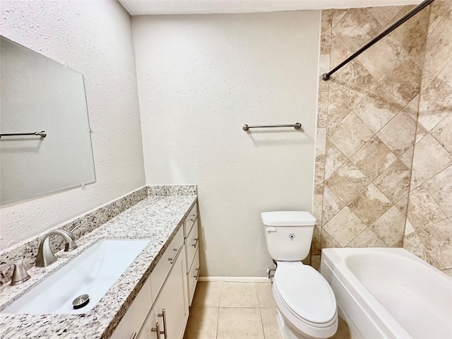 full bathroom featuring tiled shower / bath combo, tile patterned floors, vanity, and toilet