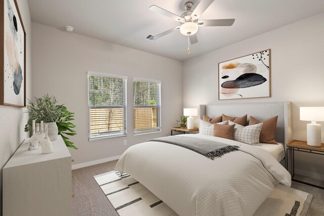 bedroom featuring light carpet and ceiling fan