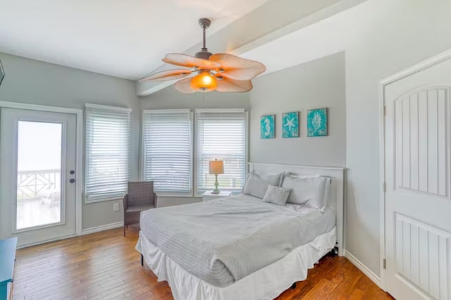 bedroom with ceiling fan, hardwood / wood-style flooring, and access to outside