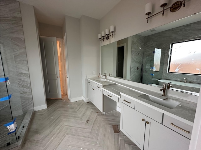 bathroom with shower with separate bathtub and vanity