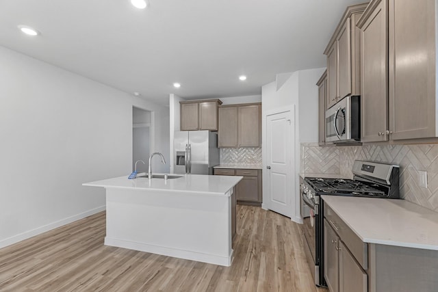 kitchen with sink, stainless steel appliances, backsplash, an island with sink, and light hardwood / wood-style floors