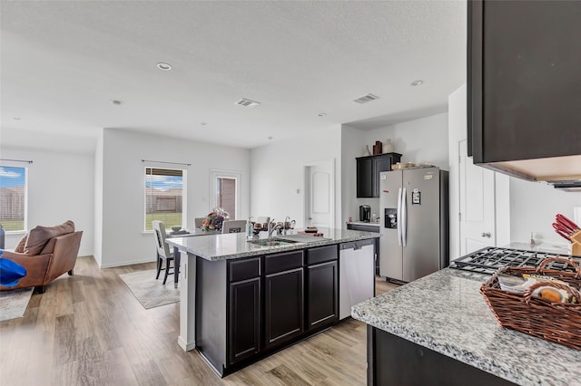 kitchen with an island with sink, appliances with stainless steel finishes, sink, and a wealth of natural light