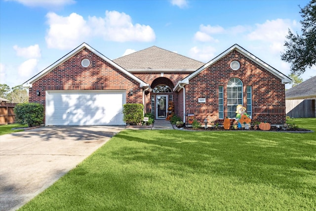 view of front facade with a front yard and a garage