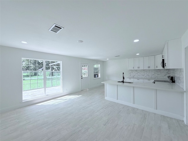 kitchen featuring white cabinets, sink, kitchen peninsula, light hardwood / wood-style flooring, and backsplash