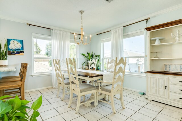 tiled dining space with ornamental molding and a chandelier