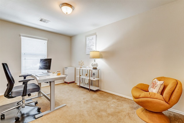 office area featuring light carpet