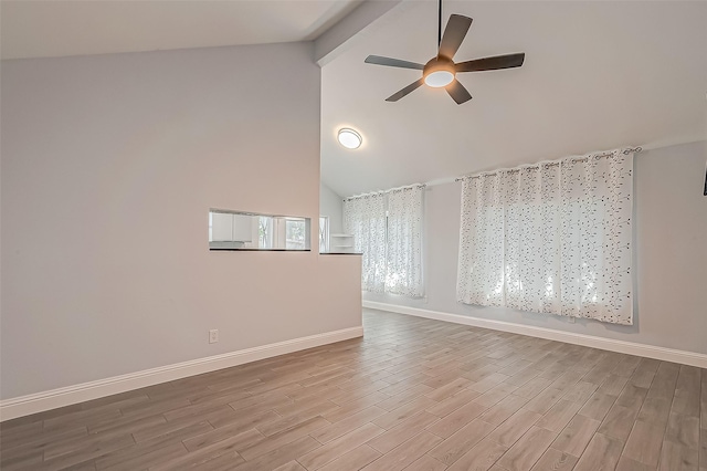 unfurnished living room with lofted ceiling with beams and ceiling fan