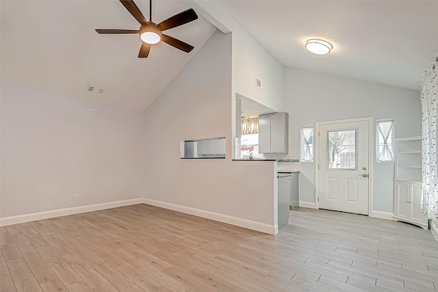 unfurnished living room featuring high vaulted ceiling, light hardwood / wood-style floors, and ceiling fan