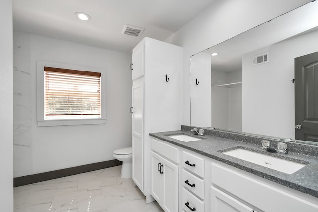 bathroom with vanity, toilet, and walk in shower