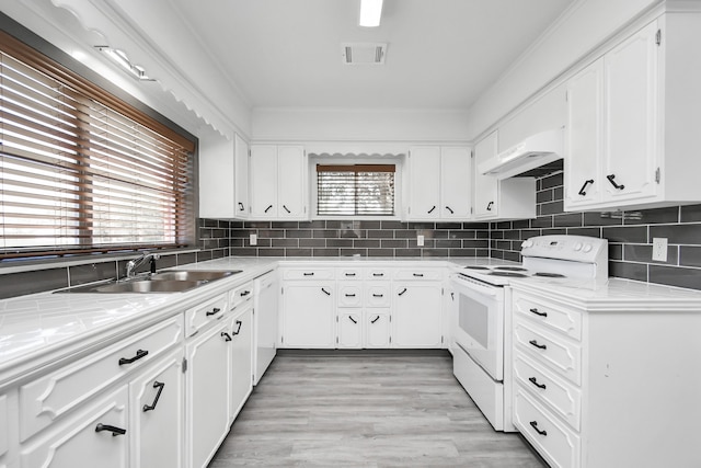 kitchen featuring backsplash, light hardwood / wood-style floors, white appliances, white cabinets, and custom exhaust hood