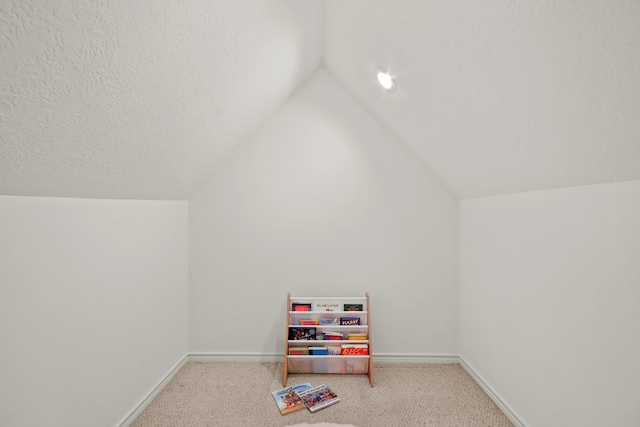 playroom with carpet floors, vaulted ceiling, and a textured ceiling