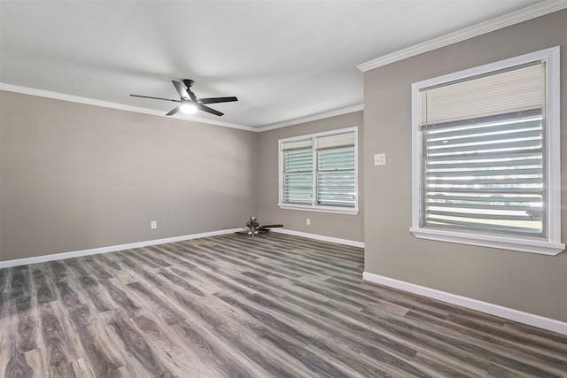 unfurnished room with ceiling fan, ornamental molding, and dark hardwood / wood-style flooring