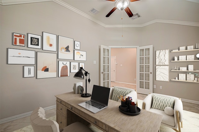 office featuring ceiling fan, light tile patterned flooring, ornamental molding, and french doors