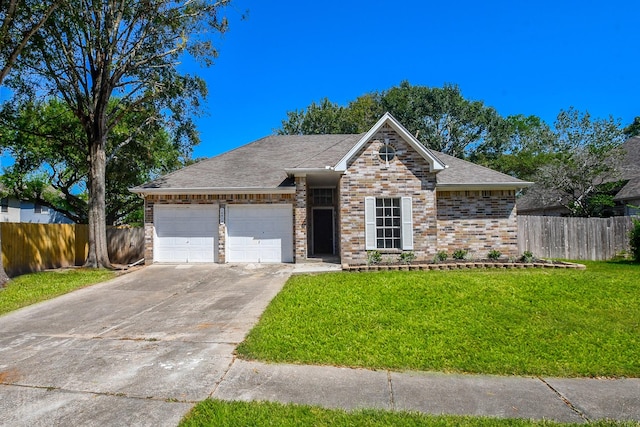 ranch-style home with a garage and a front yard