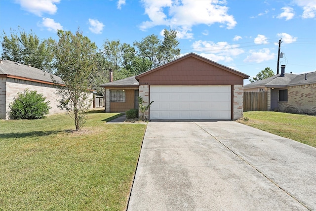 ranch-style house with a garage and a front lawn