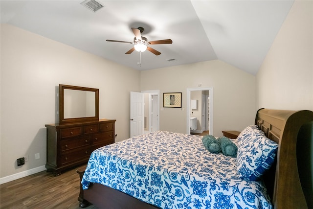 bedroom with connected bathroom, dark hardwood / wood-style floors, ceiling fan, and lofted ceiling