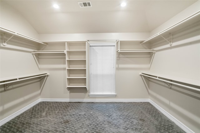 spacious closet with lofted ceiling and carpet floors