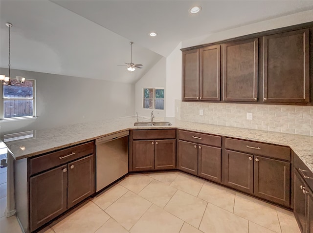 kitchen featuring lofted ceiling, tasteful backsplash, sink, and stainless steel dishwasher