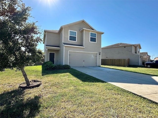 view of property featuring a garage and a front yard