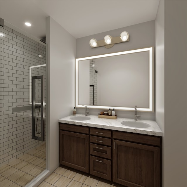 bathroom with tile patterned flooring, an enclosed shower, and vanity