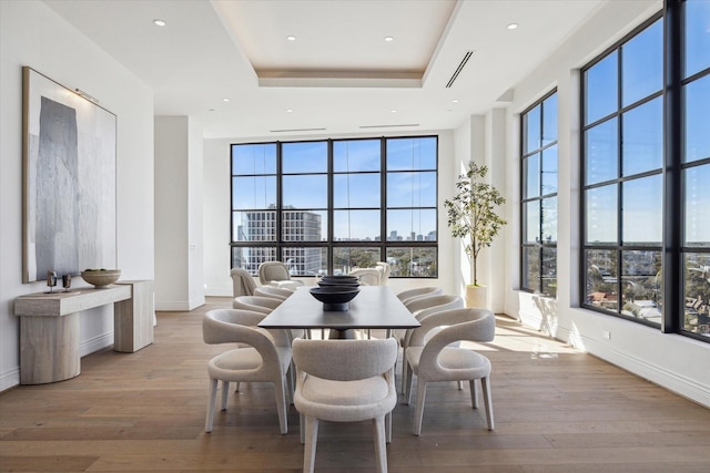 dining room featuring wood-type flooring, a raised ceiling, a wealth of natural light, and baseboards