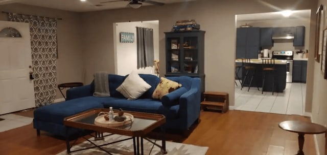 living room featuring ceiling fan and hardwood / wood-style flooring